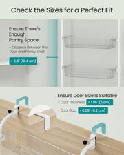 Fitting guide for the white organiser showing 16.4 cm pantry shelf clearance and the door thickness and gap limits