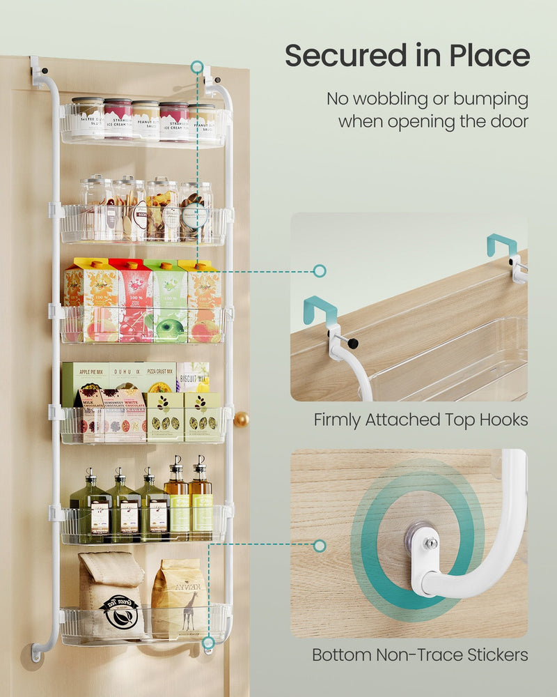 Close-up of the white organiser held in place by top hooks and non-trace stickers at the base of the door