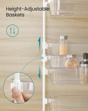 Close-up of a clear basket being raised on the white frame to show adjustable basket heights