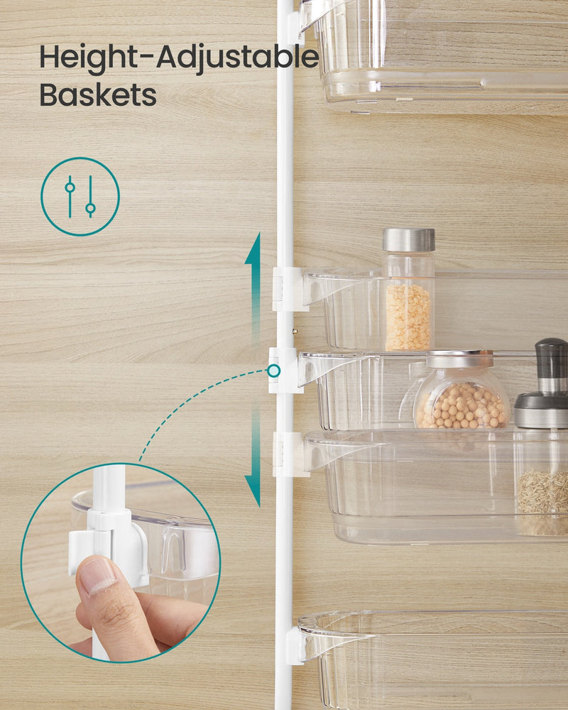 Close-up of a clear basket being raised on the white frame to show adjustable basket heights