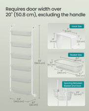Dimensions diagram for the white organiser: 44.3 cm wide, 22 cm deep and 134.5 cm tall, with basket and hook measurements