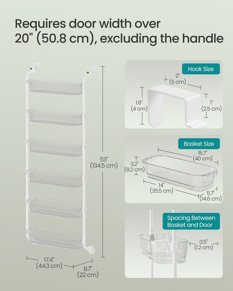 Dimensions diagram for the white organiser: 44.3 cm wide, 22 cm deep and 134.5 cm tall, with basket and hook measurements