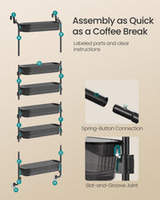 Assembly diagram for the black organiser showing labelled parts, spring-button tube joints and slot-and-groove basket joints