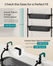 Fitting guide for the black organiser showing 16.4 cm shelf clearance, 5 cm maximum door thickness and 0.2 cm door gap