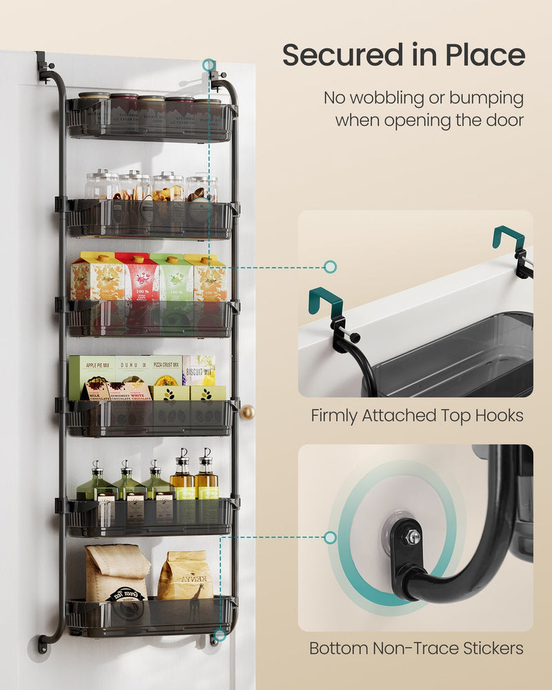 Close-up of the black organiser held by firmly attached top hooks and non-trace stickers at the base of the door