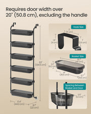 Dimensions diagram for the black organiser: 44.3 cm wide, 22 cm deep and 134.5 cm tall, with 40 cm basket and hook sizes