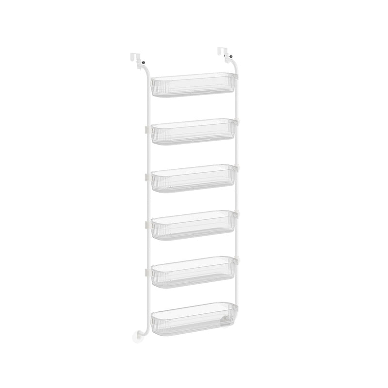 Songmics 6-tier over-the-door storage organiser in Transparent, with a white frame and clear baskets