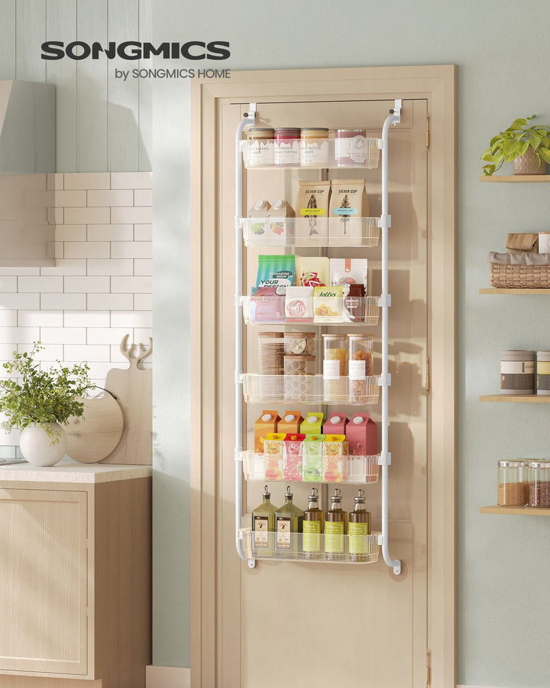 White and clear over-the-door organiser filled with pantry jars and bottles on a kitchen door