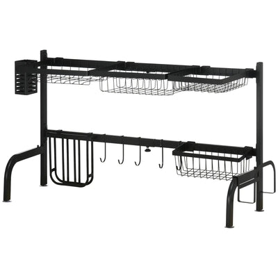 2 Tier Over Sink Dish Drying Rack Adjustable Space Saving Drainer for Kitchen, Black Homcom