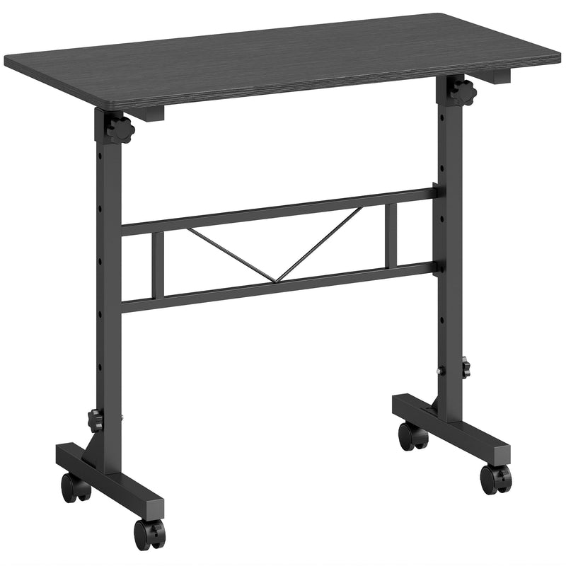 Black overbed table with a black steel frame, cross brace and four swivel castors
