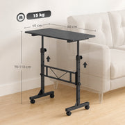 Dimension diagram of the black table showing an 80 by 40 cm top, 70 to 110 cm and 15 kg