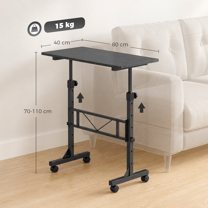 Dimension diagram of the black table showing an 80 by 40 cm top, 70 to 110 cm and 15 kg