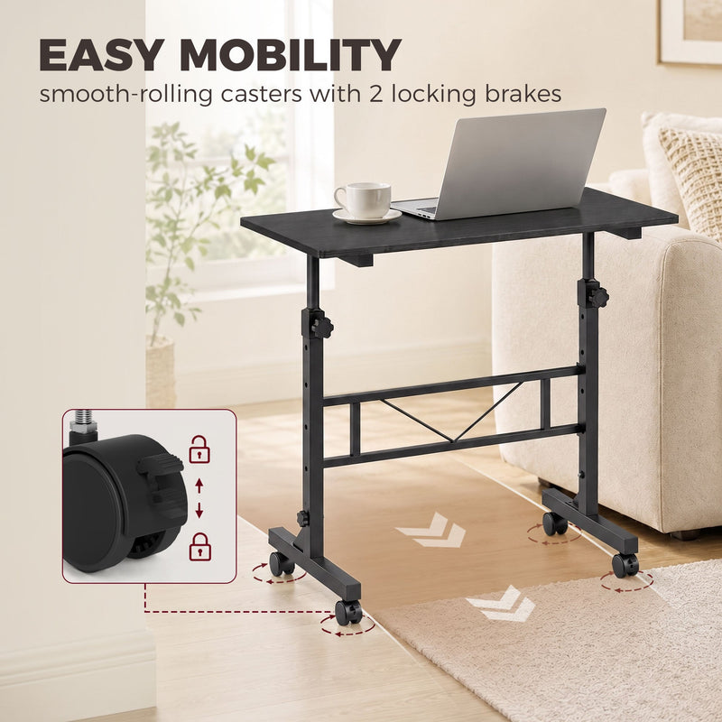 Black table at standing height with a laptop, plus a close-up of the locking castor