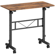 Rustic brown overbed table with a black steel frame, cross brace and four castors