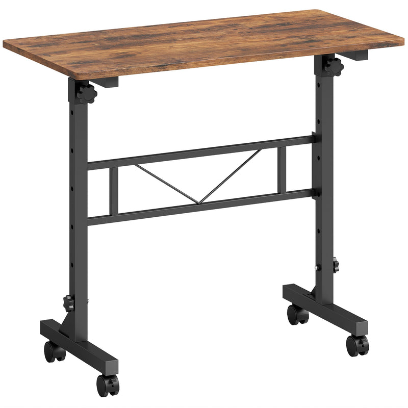 Rustic brown overbed table with a black steel frame, cross brace and four castors