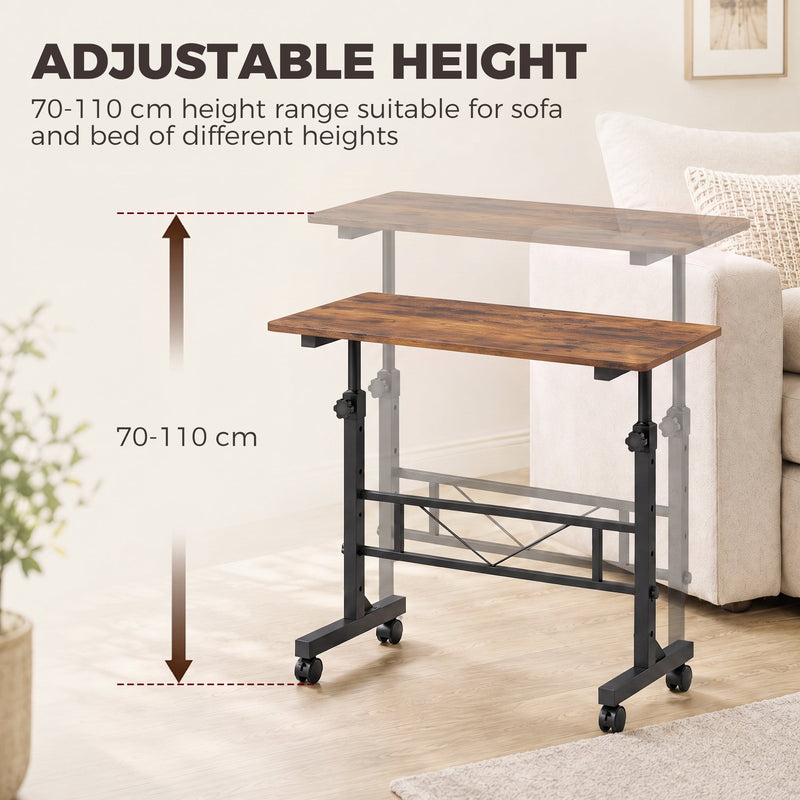 Graphic showing the brown table raised and lowered across its 70 to 110 cm height range