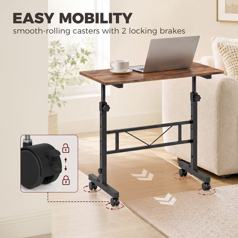 Brown table at standing height with a laptop, plus a close-up of the locking castor