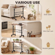 Three uses shown: sofa side table, mini bar cart in a kitchen and a mobile plant stand