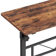 Close-up of the rustic brown tabletop corner and the black height adjustment knob