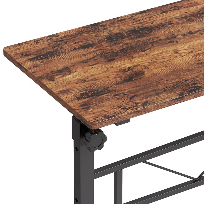 Close-up of the rustic brown tabletop corner and the black height adjustment knob