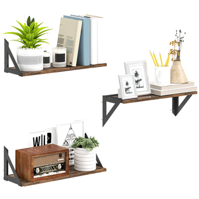 Set of 3 Rustic Brown Floating Wall Shelves for Living Room Bedroom Entryway by HOMCOM