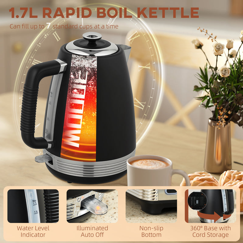 Stainless Steel Kettle and 4 Slice Toaster Set with Rapid Boil and Crumb Tray Black Silver