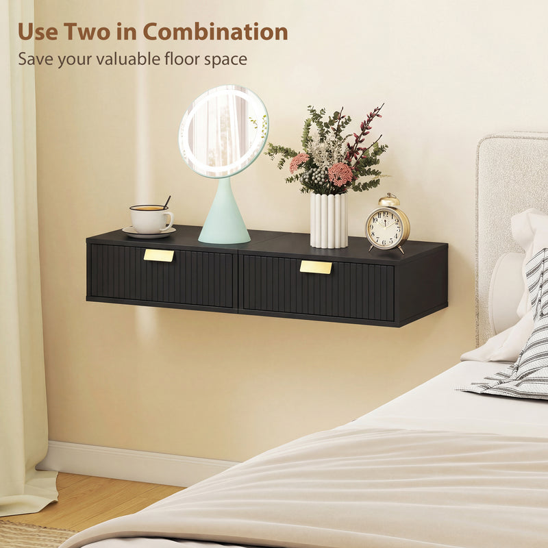 Floating Wall Mounted Bedside Table Set of 2 with Drawer for Clutter Free Bedroom Black AOSOM