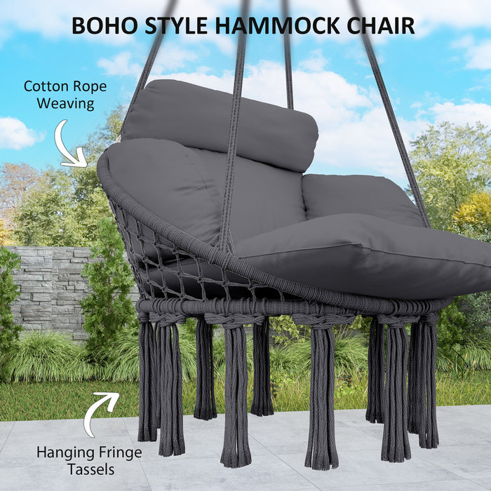 Dark Grey Hanging Hammock Chair with Soft Cushion Cotton Rope Boho Swing Seat by Outsunny