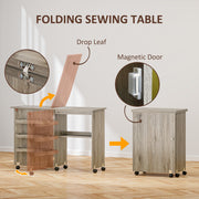 Grey Folding Sewing Table with Drop Leaf Storage Bins Shelves and Wheels by HOMCOM AOSOM