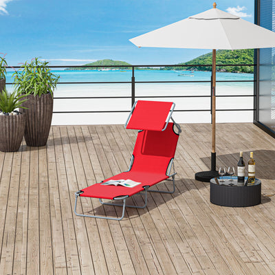 Red Folding Reclining Sun Lounger with Adjustable Canopy for Beach or Garden Relaxation