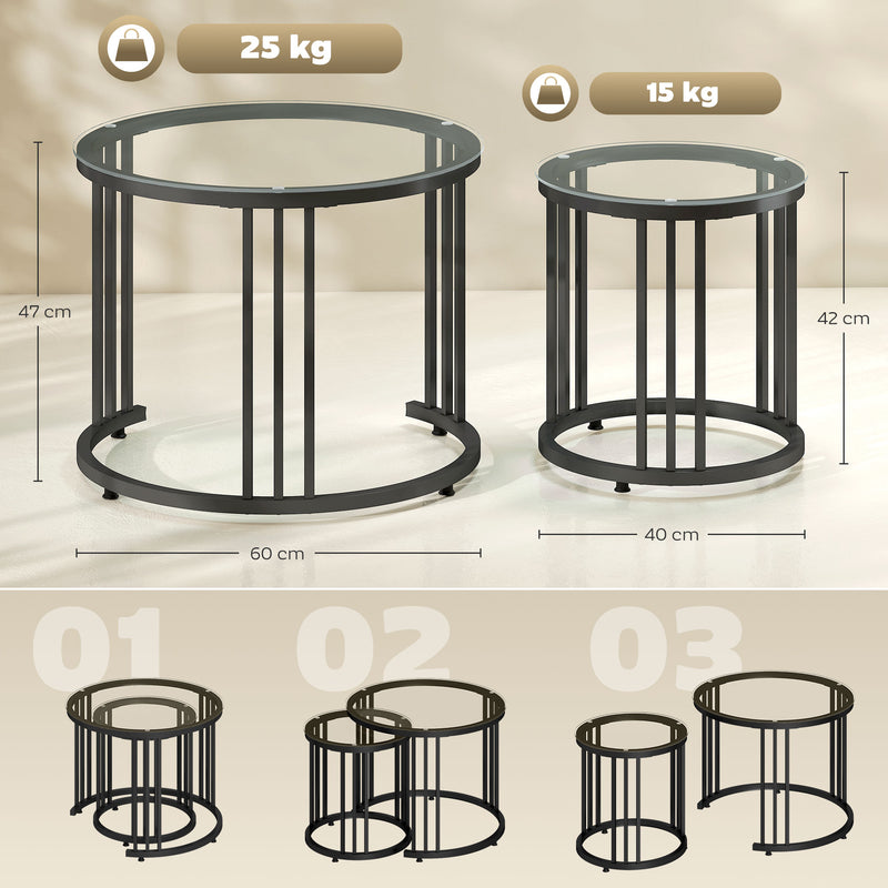 Glass Round Side Tables, Nesting Tables Set for Living Room - Black Metal Frame With Tempered Top