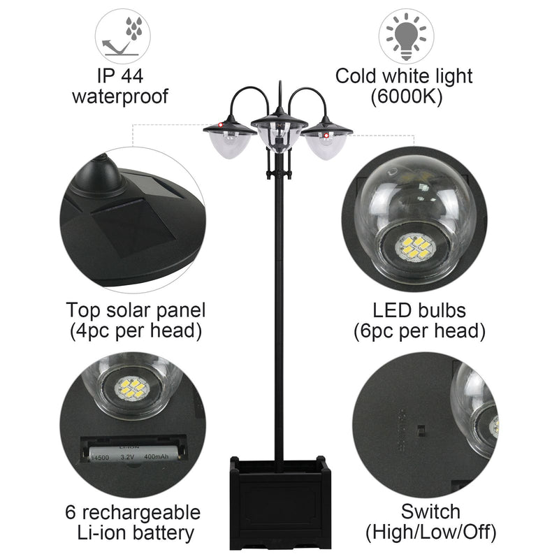 189cm Black Solar Lamp Post with Planter 3 Head Automatic LED Street Light by Outsunny