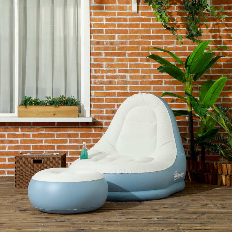 Inflatable Chair and Footstool Set for Quick Extra Seating Indoors or Outdoors White and Blue