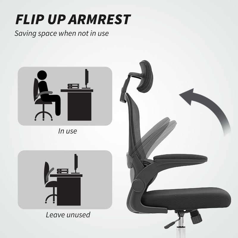 Mesh Office Chair with Lumbar Support and Flip Up Arms for Comfortable All Day Work Black