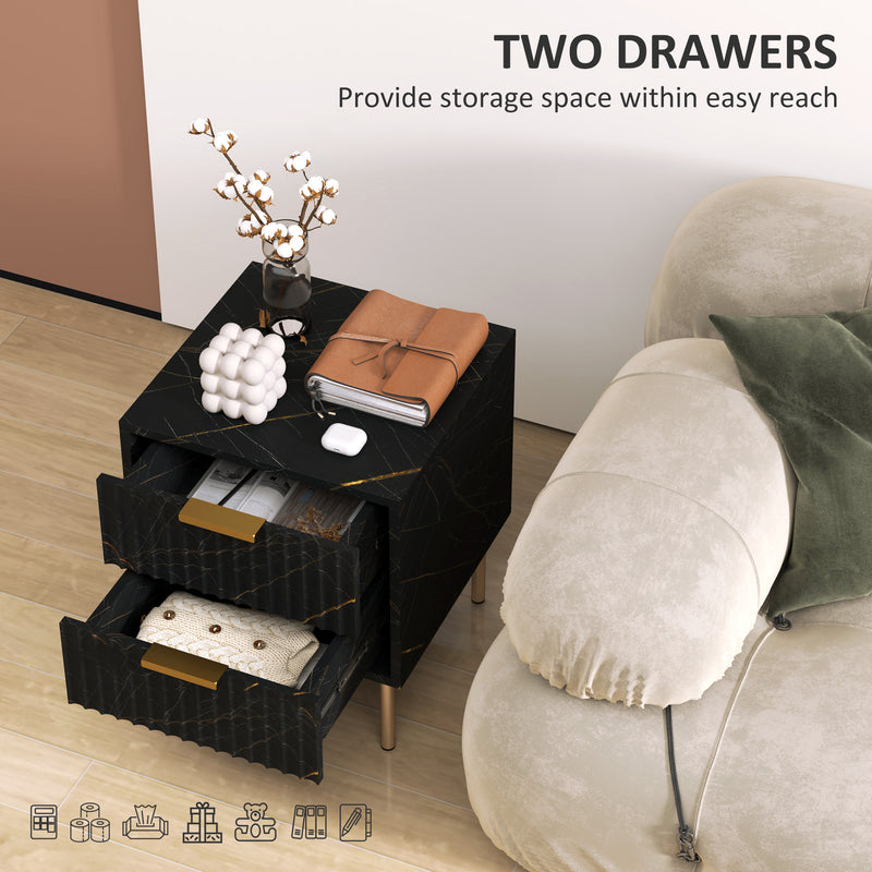 Black Two Drawer Bedside Table with Gold Legs Elegant Design by HOMCOM