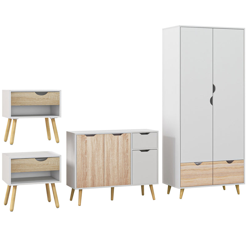 3 Piece Bedroom Furniture Set with Wardrobe Storage and Bedside Table, White and Wood AOSOM