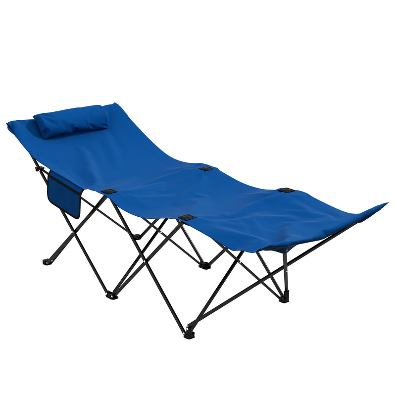 Dark Blue Foldable Sun Lounger With Headrest and Side Pocket for Beach or Garden Use