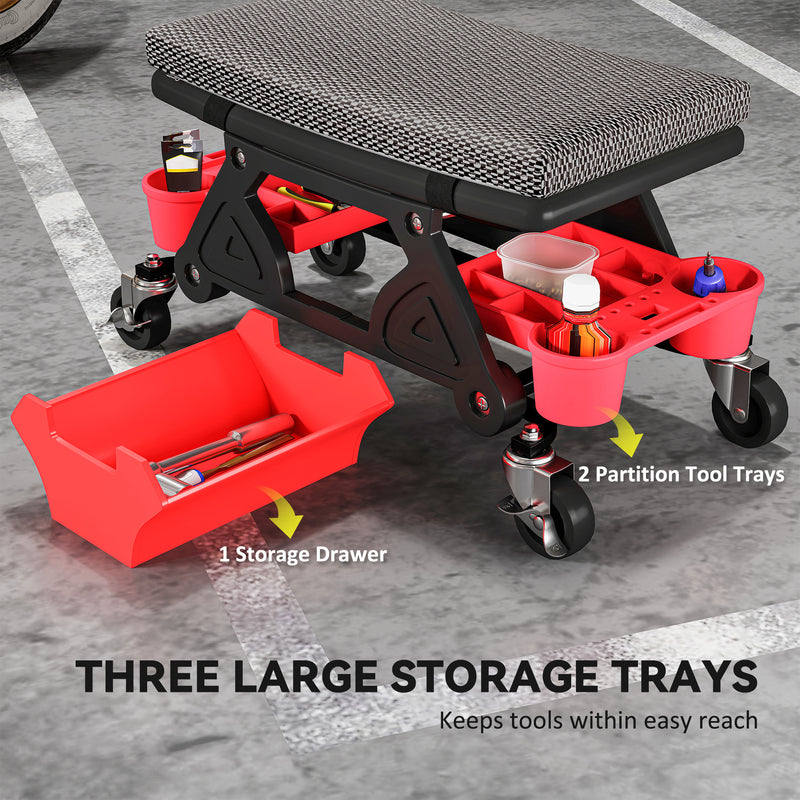 Mechanic Roller Seat with Tool Storage and Cushioned Support for Garage Work Black