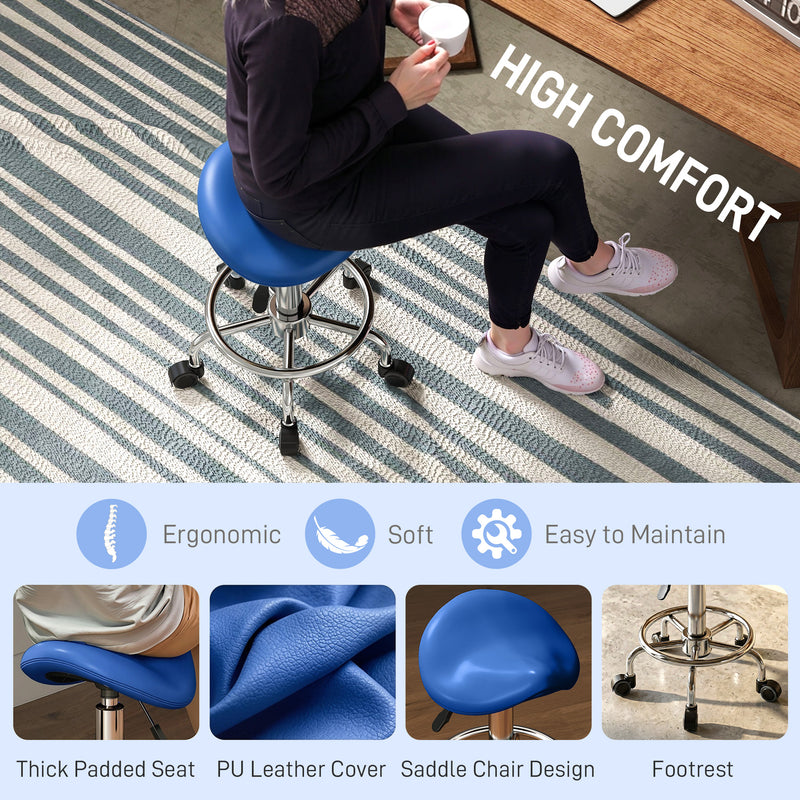 Ergonomic Saddle Chair for Back Support with Swivel Wheels and Easy Clean Seat Blue AOSOM