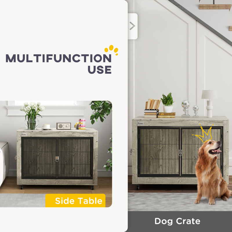 Grey Dog Crate Furniture with Wheels and Double Doors for Large Dogs 100 x 60 x 73.5cm by PawHut