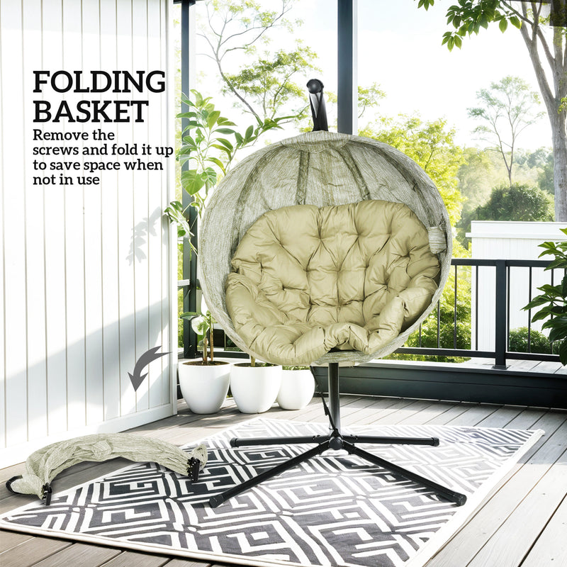 Khaki Hanging Egg Chair with Stand Thick Cushion and Cup Holder for Garden or Indoor Use by Outsunny