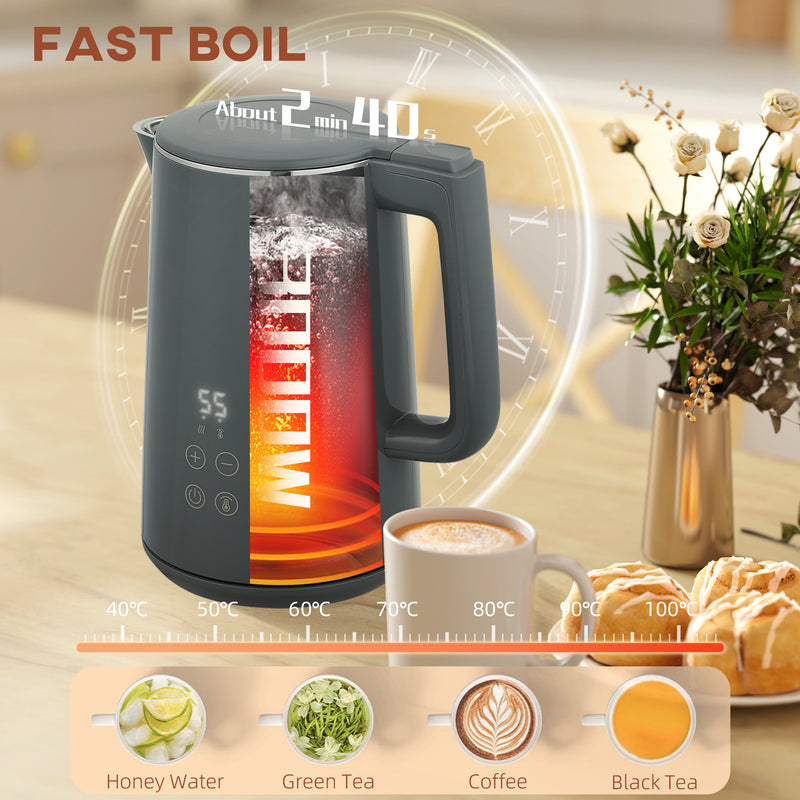 Grey Digital Kettle and 2 Slice Toaster Set with Fast Boil and LED Touch Controls