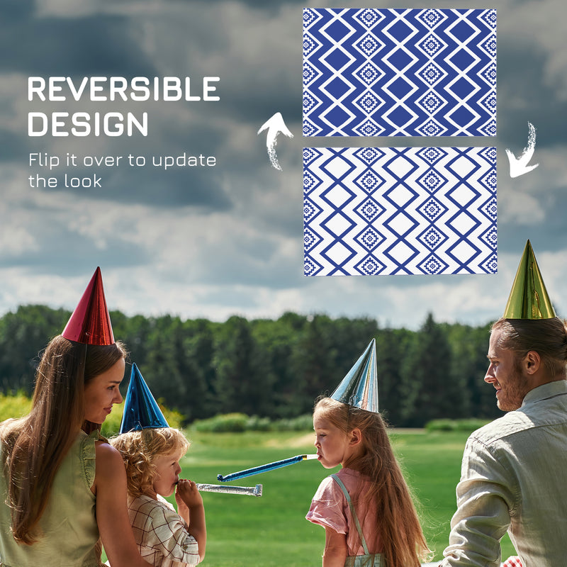 Blue and White Reversible Outdoor RV Mat with Carry Bag Ideal for Camping or Patio Use