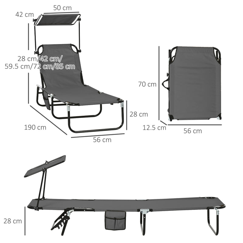 Set of Two Grey Folding Sun Loungers With Adjustable Backs and Sun Canopies by Outsunny