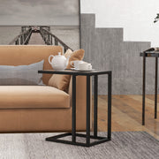 C Shape Bedside Table with Metal Frame and Marble Effect Top for Living Room, Grey