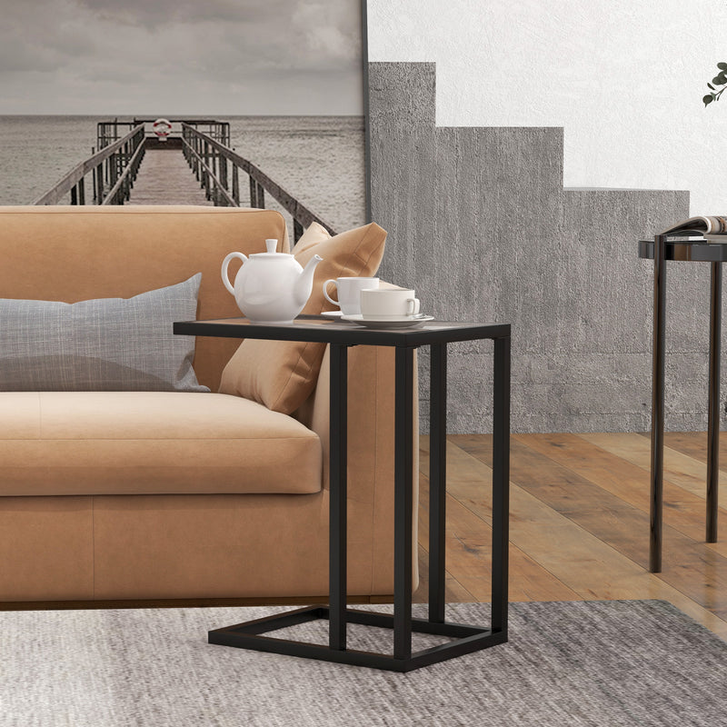 C Shape Bedside Table with Metal Frame and Marble Effect Top for Living Room, Grey