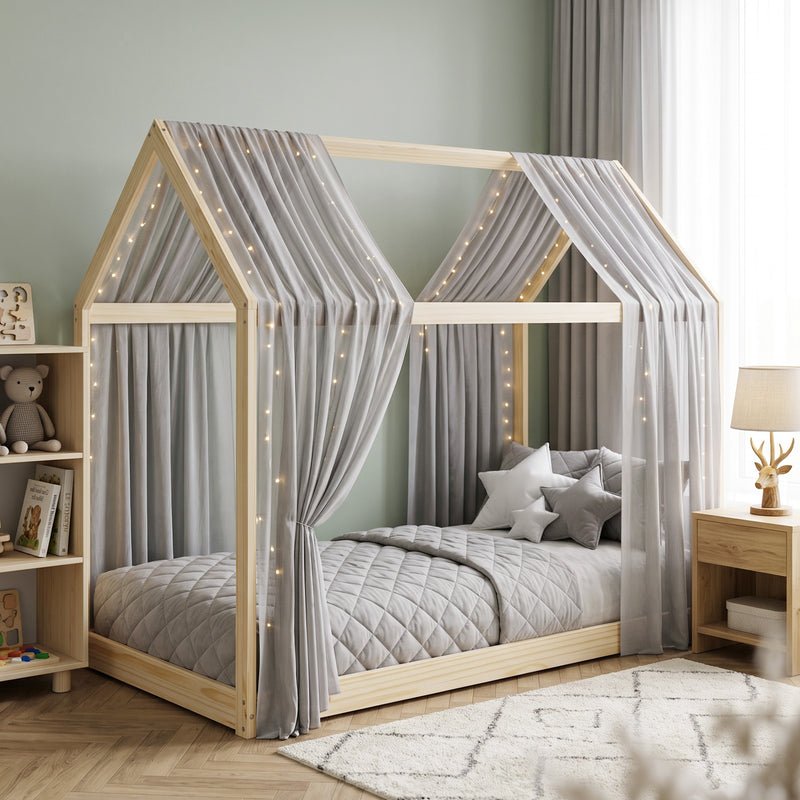 Kids Wooden House Bed Frame for Cosy and Fun Bedtime Single Size Natural Wood Finish