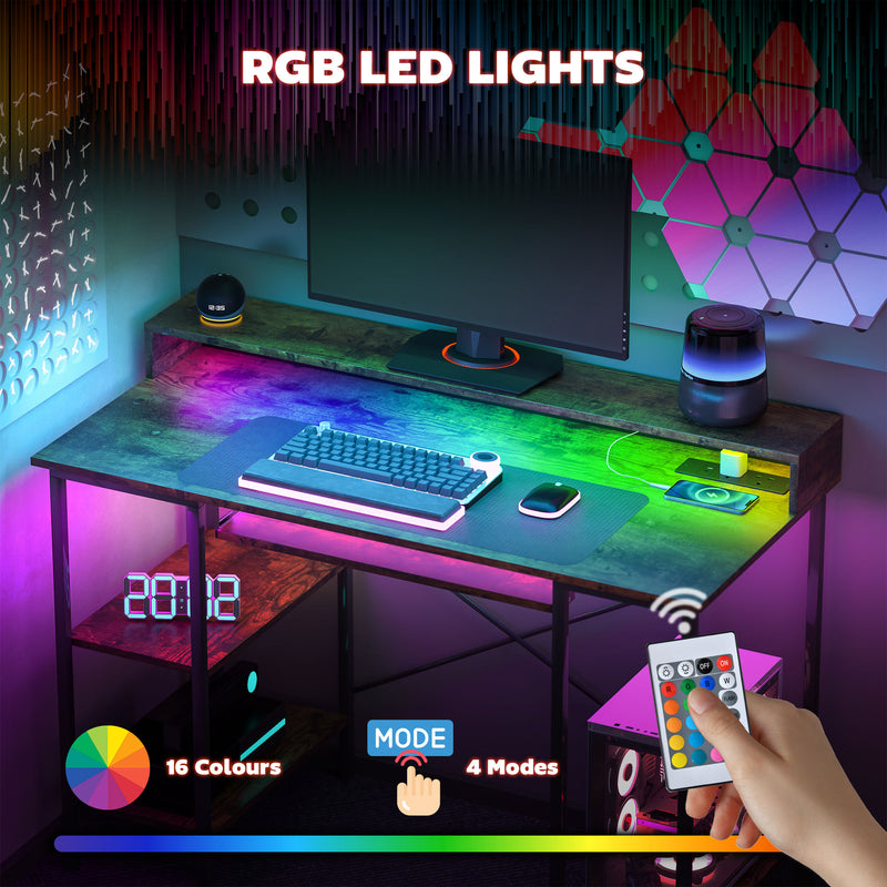 Reversible Computer Desk with LED Lights and Power Outlets 120cm Gaming Desk Rustic Brown by HOMCOM