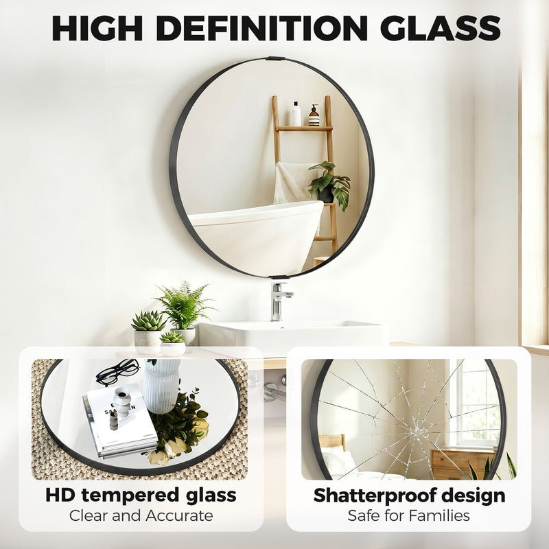 Round Shatterproof Wall Mirror for Hallways or Bathrooms Ready to Hang Black Homcom