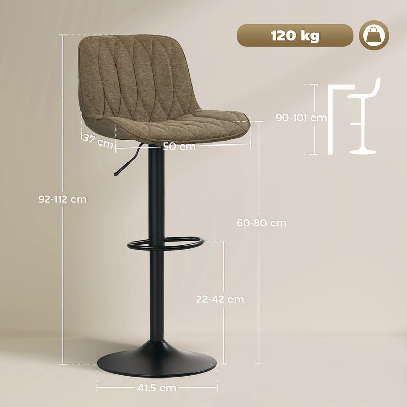 Set of Two Linen Look Bar Stools with Cushioned Seats for Kitchen or Home Bar, Brown